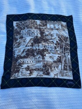 Lauren Ralph Lauren Navy and Brown Plaid Silk Scenic Scarf